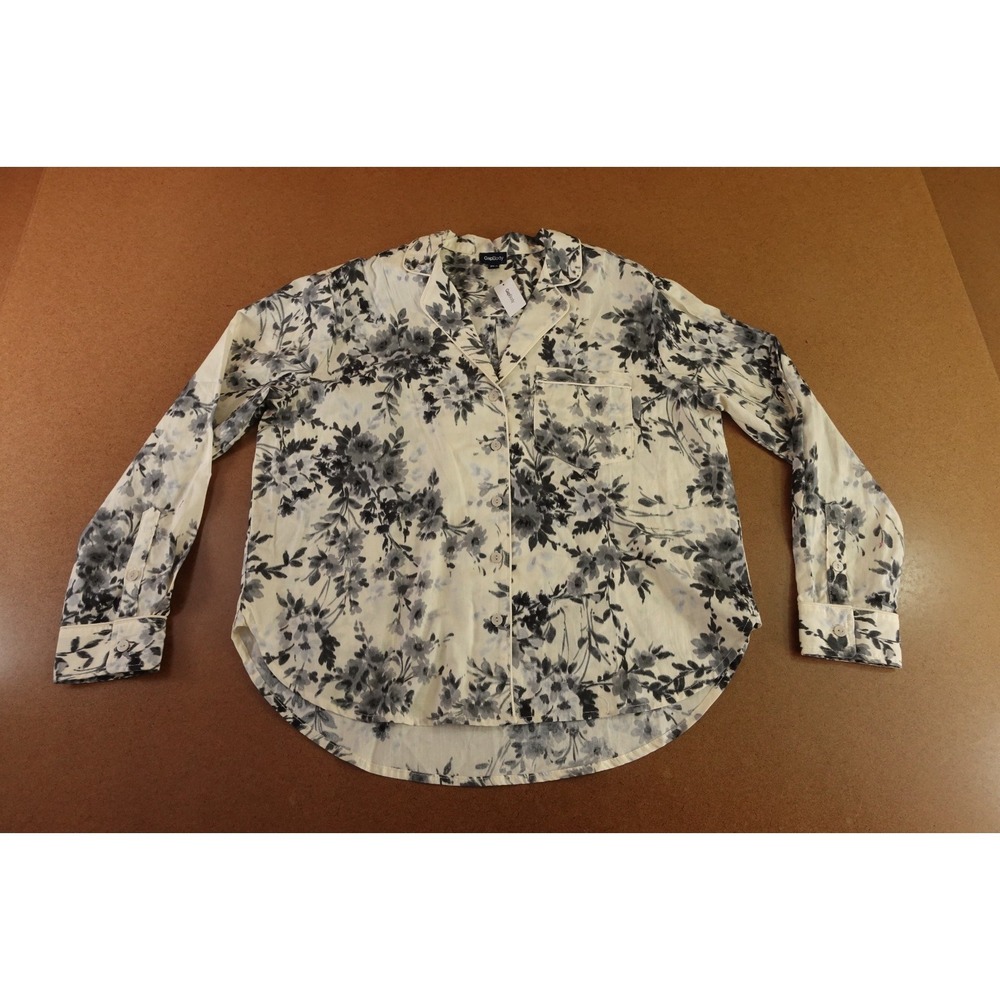 Gap Body Womens XS Petite Gray Floral Print Long Sleeve Poplin PJ Shirt NWT